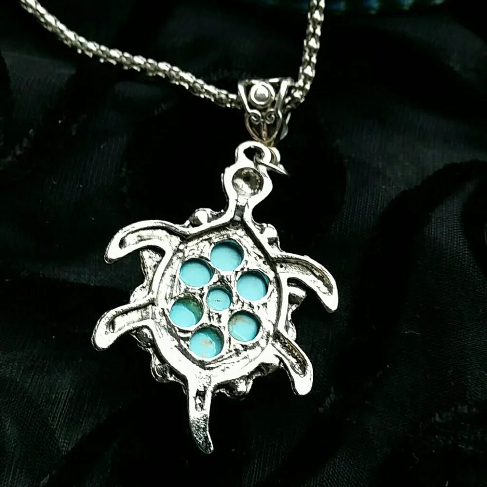 Turtle necklace with turquoise and rhinestones